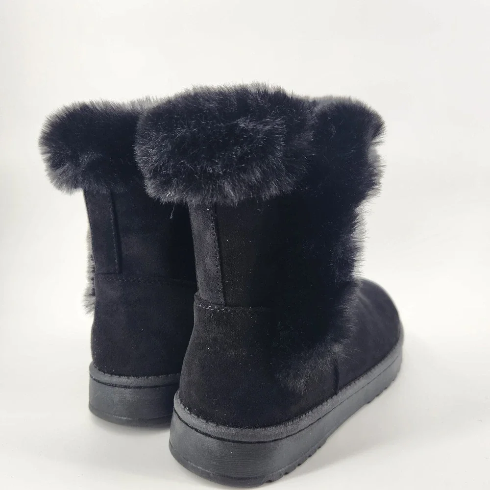 Paulina Womens Black Faux Suede Fur Trim Winter‎ Boots Mid Calf Slip On